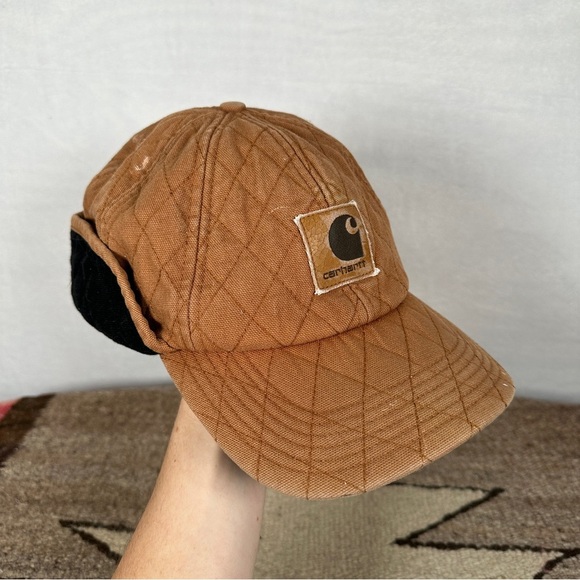 Carhartt Brown Quilted Cap vintage tan winter insulated ball baseball hat - Picture 10 of 12